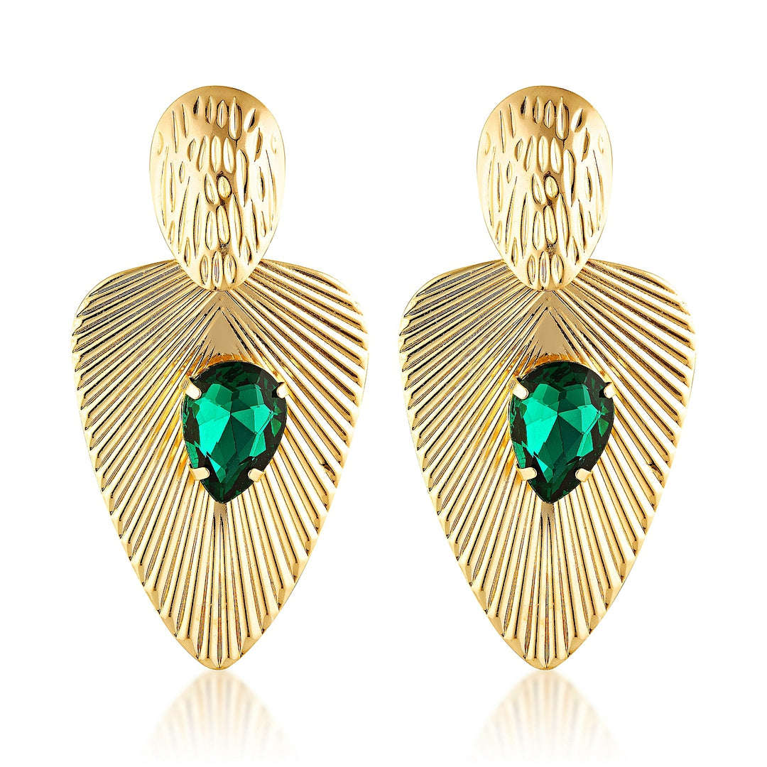 Elise Green Gold Leaf Crystal Statement Earrings